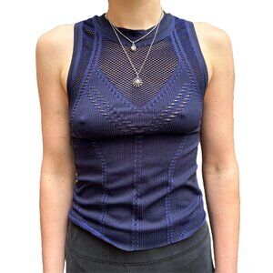 Navy Blue High Neck Mesh Fitted Athletic Tank Sleeveless Shirt Sheer Athleta Top